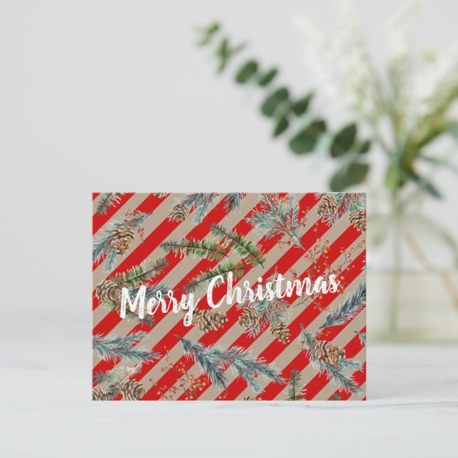 Postal Festiva Festive Red Stripe Pine Spruce Cones Kraft Holiday (Anverso de pie)