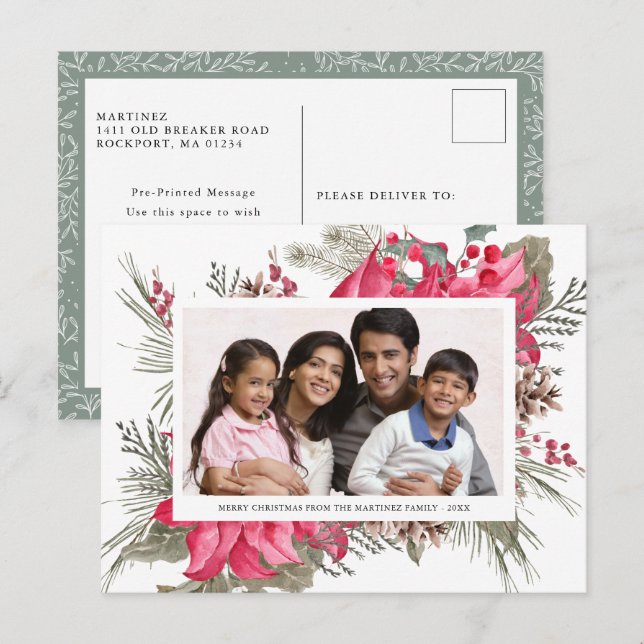 Postal Festiva Festividad de la foto floral de la poinsettia roja (Anverso / Reverso)