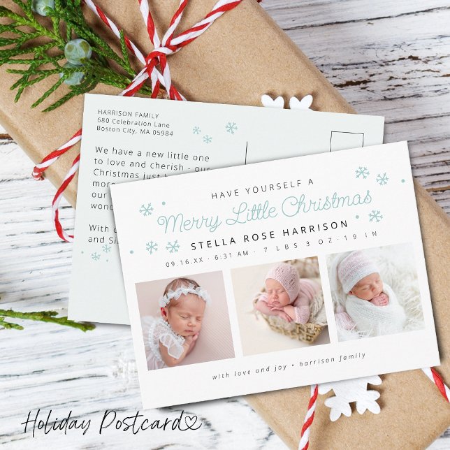 Postal Festiva Festividad de los cerezos pequeños Navidades Fotos (Festive Merry Little Christmas Birth Photos Blue Holiday Postcard)