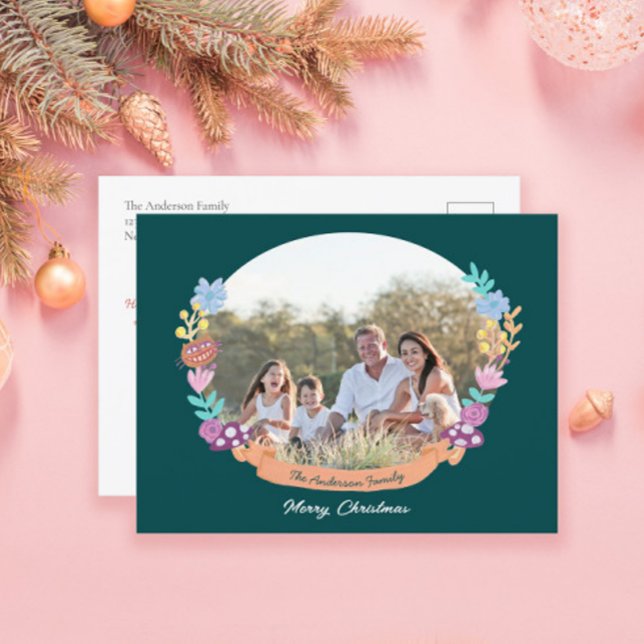 Postal Festiva Festividad Floral Wreath Dark Green Photo Navidade (Subido por el creador)