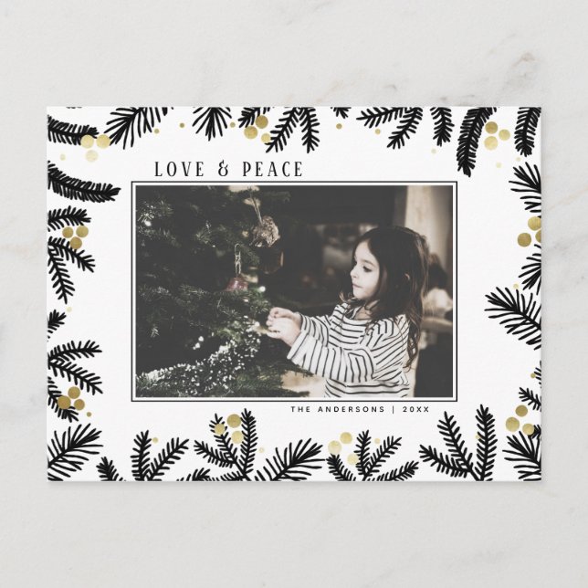 Postal Festiva Festividad moderna de Pino negro y oro y Berries (Anverso)