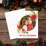 Postal Festiva Festividad navideña Festividad Fotografía de la fa<br><div class="desc">Una hermosa poinsettia roja floral con hojas huecas rodea tu foto familiar festiva cuadrada sobre Feliz Navidad. Niños luminosos y alegres fotografían postales de vacaciones con flores de bonito y hojas.</div>