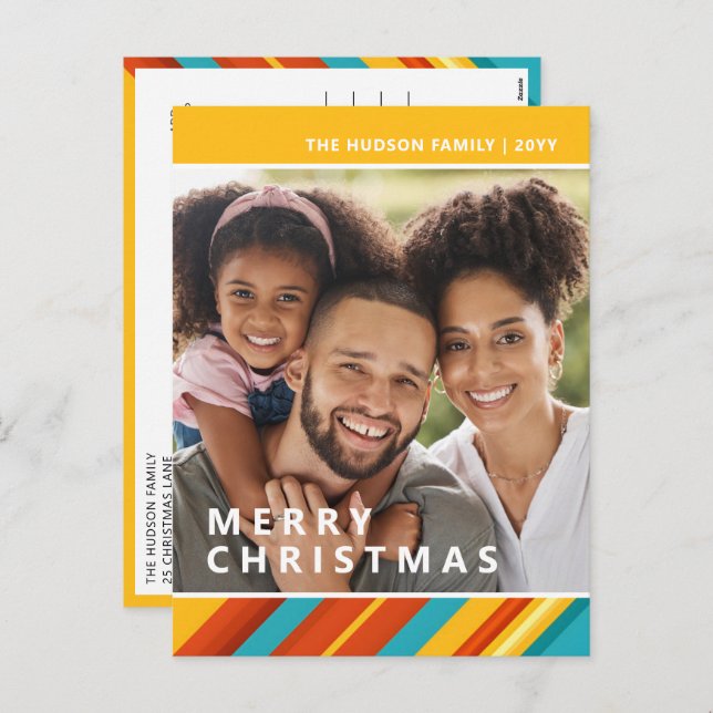 Postal Festiva Festividad navideña moderna en franjas fotográfica (Anverso / Reverso)