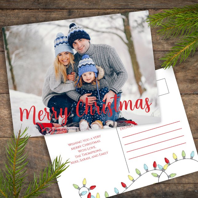 Postal Festiva Festividades navideñas lindo fiesta de moda (Merry Christmas holiday photo postcard with whimsical cute string lights. )