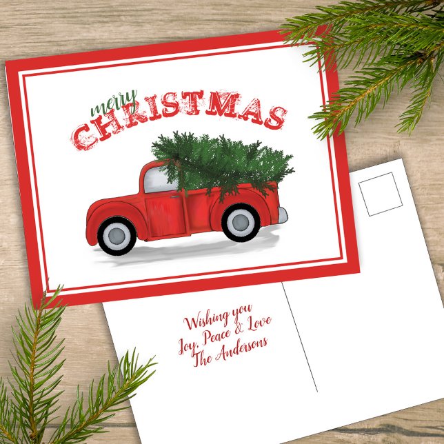 Postal Festiva Fiesta de Navidades de vacaciones de camioneta roj (Merry Christmas simple greeting postcard template with rustic red truck. )