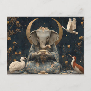 Postal Festiva Fiesta De Té De Elefante Mítico Bajo Crescent Moon
