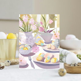 Postal Festiva Fiesta de té de huevo de pascua Floral acuarela