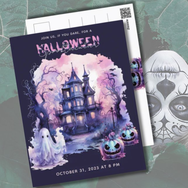 Postal Festiva Fiesta Spooktacular Pink Purple Halloween (Goth-style Pink Purple Halloween Party Invitation Postcard)