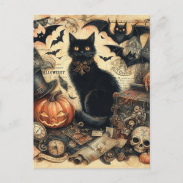 Postal Festiva Fiesta Vintage de Halloween Gato Negro