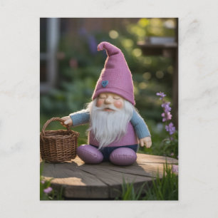 Postal Festiva Figura de Gnomo de Peluche con Cesta tejida en Ver