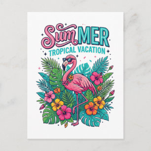 Postal Festiva Flamenco Rosa Floral Tropical - vacaciones de vera