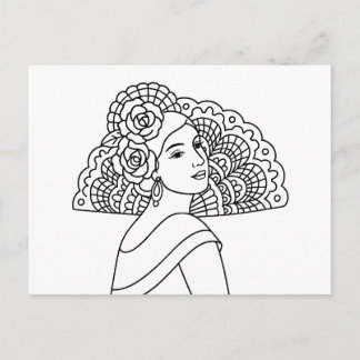 Postal Festiva Flamenco Spanish Lady With Fan Ink art Drawing