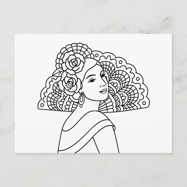Postal Festiva Flamenco Spanish Lady With Fan Ink art Drawing (Anverso)