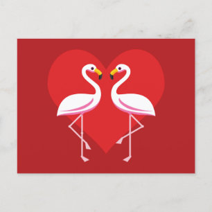 Postal Festiva Flamencos blancos rosados con corazón rojo