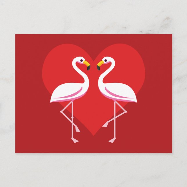 Postal Festiva Flamencos blancos rosados con corazón rojo (Anverso)