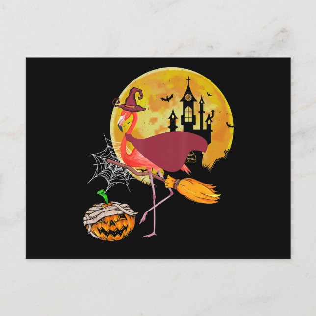 Postal Festiva Flamencos | Flamingo Riding Broom Pumpkin Hallowee (Anverso)