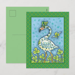 POSTAL FESTIVA FLAMINGO DE LUNAR VERDE, DIVERTIDO DÍA DE SAN PATR