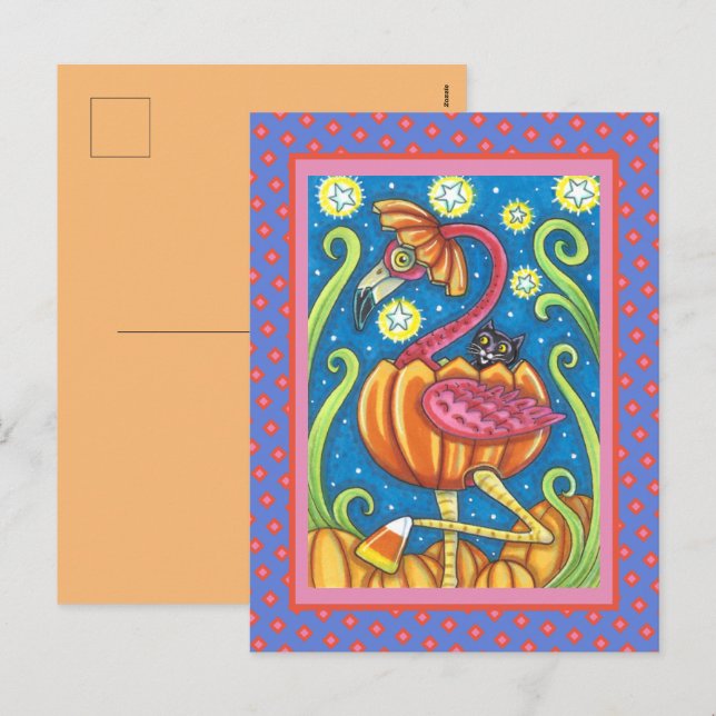 POSTAL FESTIVA FLAMINGO ROJO DE HALLOWEEN Y GATO NEGRO EN PUMPKIN (Anverso / Reverso)