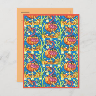 POSTAL FESTIVA FLAMINGO ROJO DE HALLOWEEN Y GATO NEGRO EN PUMPKIN