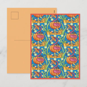 POSTAL FESTIVA FLAMINGO ROJO DE HALLOWEEN Y GATO NEGRO EN PUMPKIN