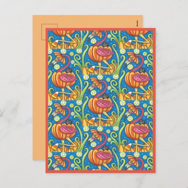 POSTAL FESTIVA FLAMINGO ROJO DE HALLOWEEN Y GATO NEGRO EN PUMPKIN (Anverso / Reverso)