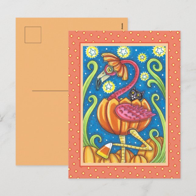 POSTAL FESTIVA FLAMINGO ROJO DE HALLOWEEN Y GATO NEGRO EN PUMPKIN (Anverso / Reverso)