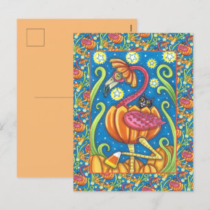 POSTAL FESTIVA FLAMINGO ROJO DE HALLOWEEN Y GATO NEGRO EN PUMPKIN