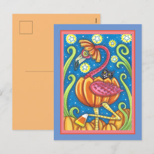 POSTAL FESTIVA FLAMINGO ROJO DE HALLOWEEN Y GATO NEGRO EN PUMPKIN