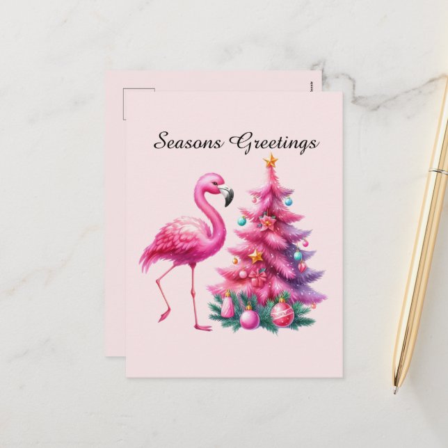 Postal Festiva Flamingo rosa de las estaciones (Anverso/Reverso In Situ)