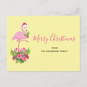 Postal Festiva Flamingo rosa en Santa Hat Navidades caprichosos