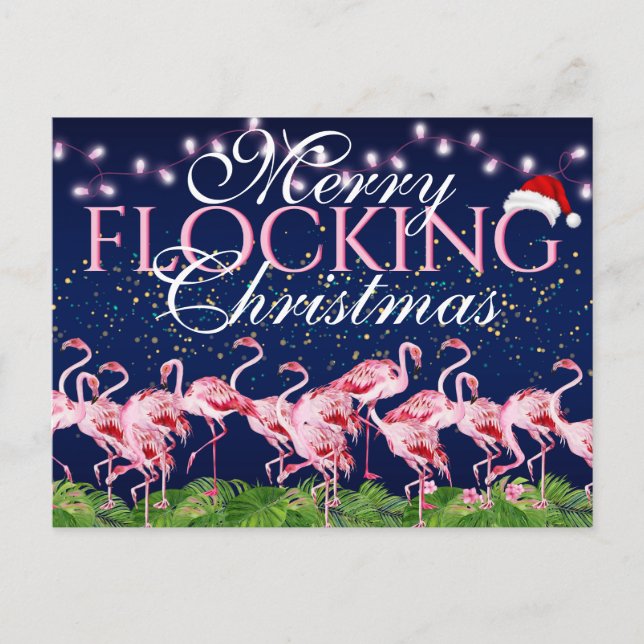 Postal Festiva Flamingo rosa Flamingos Navidades de los cerezos (Anverso)