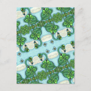 POSTAL FESTIVA FLAMINGO VERDE IRLANDÉS, CUTE FELIZ ST. EL DÍA DE