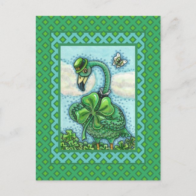 POSTAL FESTIVA FLAMINGO VERDE IRLANDÉS, CUTE FELIZ ST. EL DÍA DE  (Anverso)