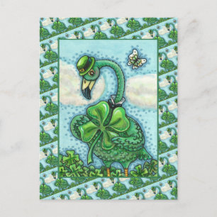POSTAL FESTIVA FLAMINGO VERDE IRLANDÉS, FELIZ DÍA DE SAN PATRICIO