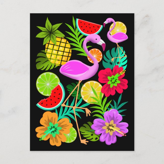 Postal Festiva Flamingo y Frutos de Verano Fun Pa Holiday Postcar (Anverso)
