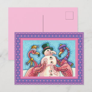 POSTAL FESTIVA FLAMINGOS DE COLOR ROSA HACEN PÁJAROS DE NAVIDADES
