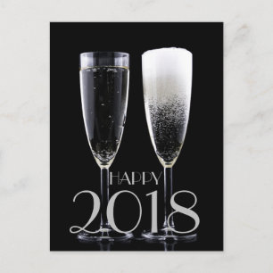 Postal Festiva Flauta de champán blanca negra de la Feliz Año