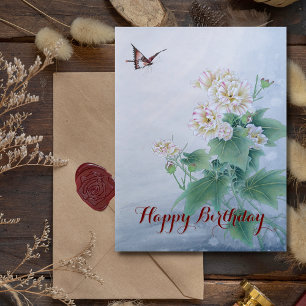 Postal Festiva Flor china con mariposa