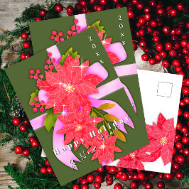 Postal Festiva Flor de Nochebuena Feliz Fiesta de Año Nuevo Verde