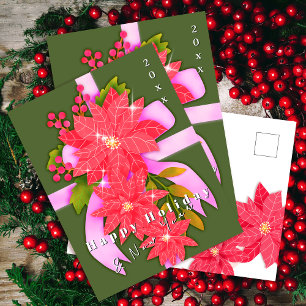 Postal Festiva Flor de Nochebuena Feliz Fiesta de Año Nuevo Verde