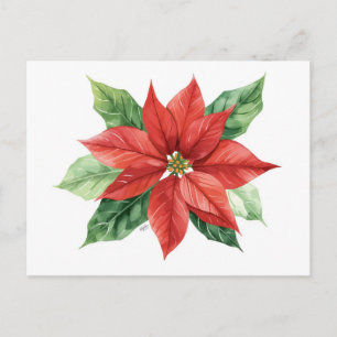 Postal Festiva Flor de Poinsettia Clásica Acuarela Roja