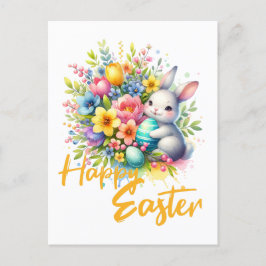 Postal Festiva Flor feliz de primavera de Pascua con lindo coneji