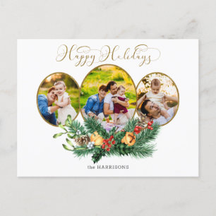 Postal Festiva Floral 3-Photo Gold Happy Holidays Script