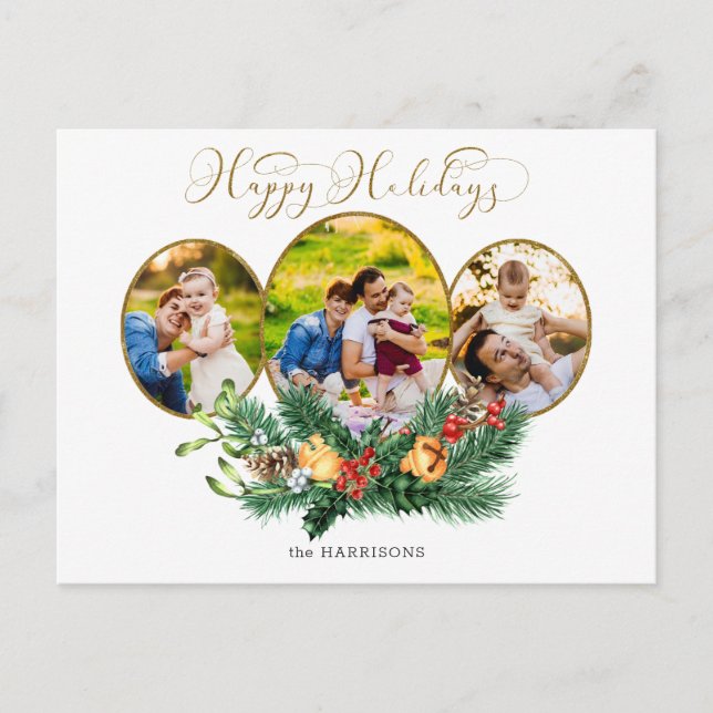 Postal Festiva Floral 3-Photo Gold Happy Holidays Script (Anverso)
