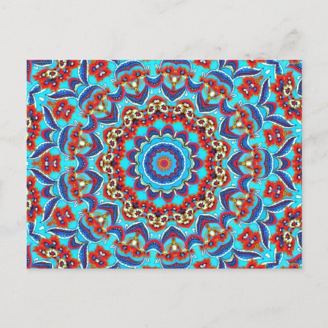Postal Festiva Floral azul de hoja Verde azulada Mandala Boho (Anverso)