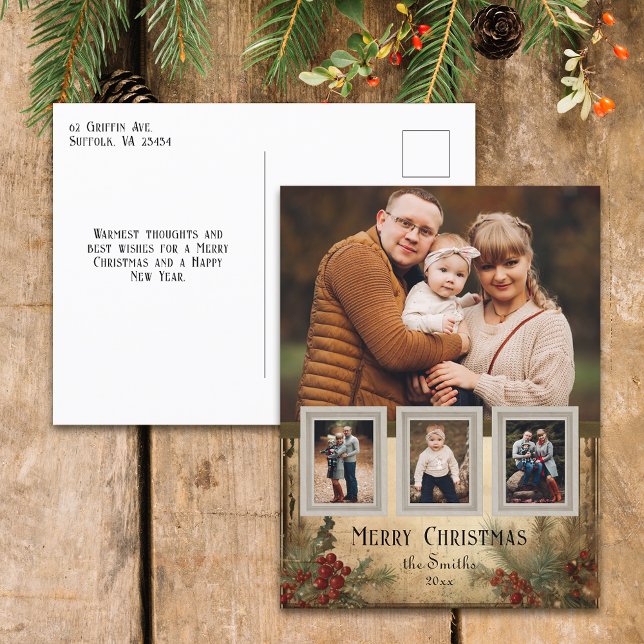 Postal Festiva Floral de Navidades de cuatro fotos de estilo rúst (Subido por el creador)
