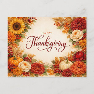 Postal Festiva Floral Otoño Agradecimiento de Acción de Gracias e