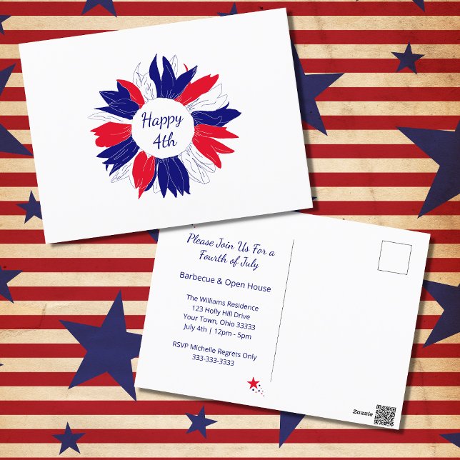 Postal Festiva Floral patriótica azul rojo 4 de julio BBQ (Subido por el creador)