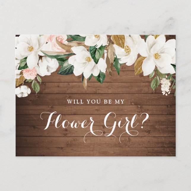 Postal Festiva Floral Rústica Magnolia Wood Will You Be My (Anverso)