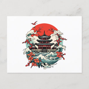Postal Festiva Florecimiento y ola del templo japonés sakura